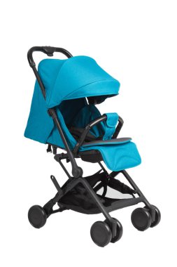 Bir bebek arabası beyaz bir arka planda, modern tasarım.