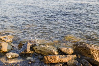 Dalgalar deniz kıyısında büyük kayalara karşı mücadele ediyoruz.