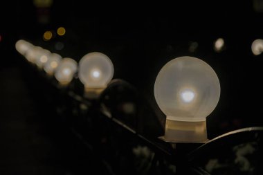 Dekoratif küçük Solar Bahçe ışık, fenerler yeşil yeşillik çiçek yatakta. Bahçe tasarımı. Güneş enerjili lamba.