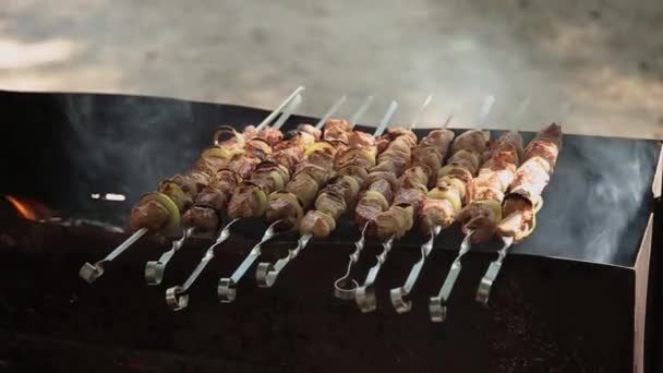 Preparação de kebab shish em carvão vegetal, crocante em carne . — Vídeo de Stock