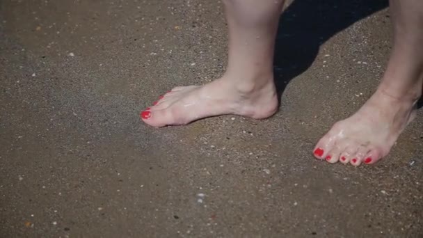 波の流入と、海の水の足. — ストック動画