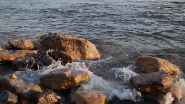 Zee golven strijden tegen de rotsen aan de kust. — Stockvideo