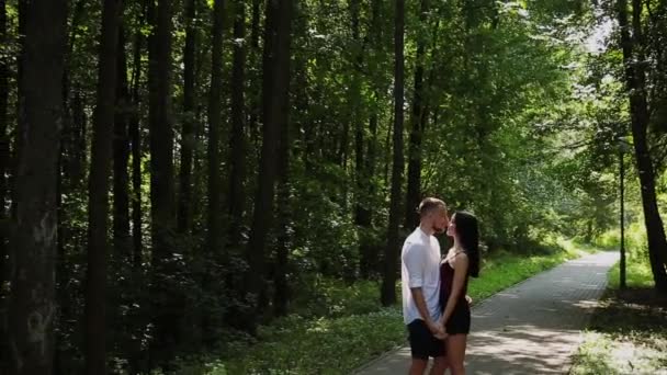 Amantes abrazándose en un parque verde en un día soleado . — Vídeo de stock