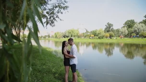 Los amantes de pie en la orilla del lago hablando abrazo y beso . — Vídeos de Stock