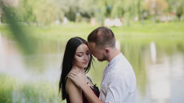 Miłośników stanąć na brzegu jeziora rozmawia uścisk i pocałunek. — Wideo stockowe