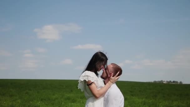 Αγάπη ζευγάρι διασκεδάζοντας στο πεδίο σε μια ηλιόλουστη ημέρα. — Αρχείο Βίντεο