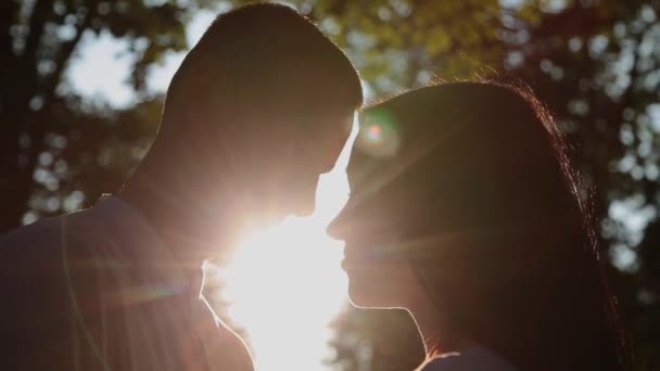 Una pareja cariñosa abraza y besa contra el telón de fondo de la puesta del sol, el sol pasa a través de su cara . — Vídeo de stock