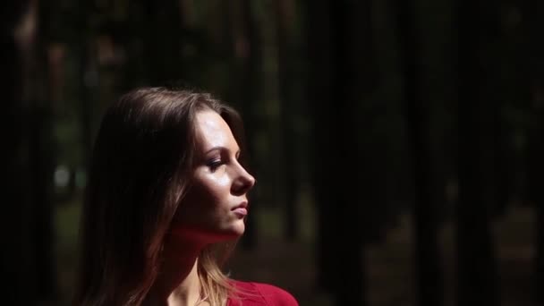 Una mujer muy hermosa y de moda en un vestido rojo camina por el bosque . — Vídeo de stock