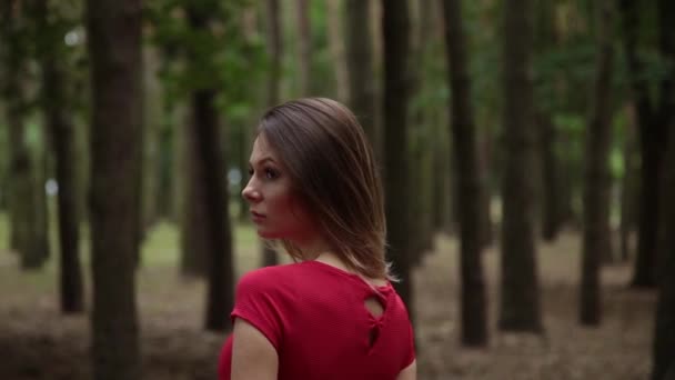 Kırmızı elbiseli çok güzel ve şık bir kadın ormanda yürür. — Stok video