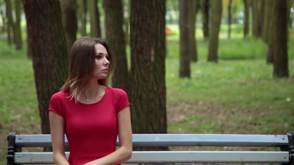 Junges schönes Mädchen in rotem Kleid sitzt auf einer Bank im Park. — Stockvideo