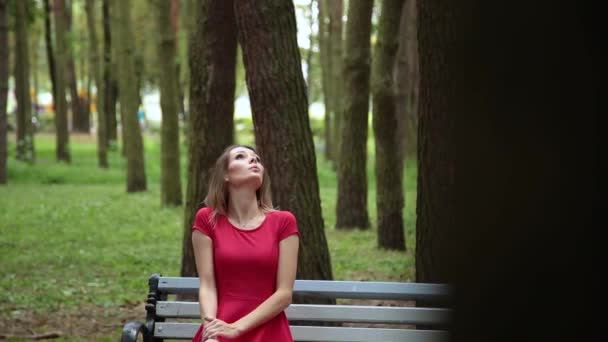 Молодая красивая девушка в красном платье сидит на скамейке в парке . — стоковое видео