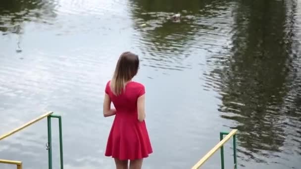 Uma menina muito bonita em um vestido vermelho está de pé em um cais perto de um pequeno lago . — Vídeo de Stock