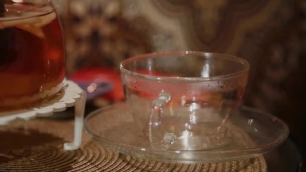 La fille verse un délicieux thé chaud dans une tasse . — Video