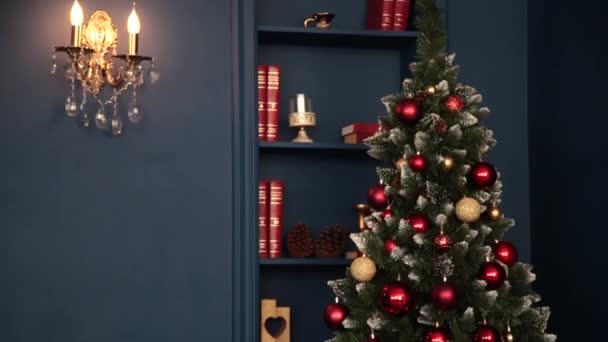 2019. yeni yıl 2019. Yeni yıl dekor, renkli çelenk, Noel çorap. Noel ağacı Noel ağacı. İç dekor. Bir parti. Tatil için bekliyor. Bokeh, mavi ışık. Yeni yıl — Stok video