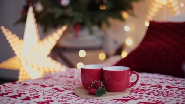 2019. New year 2019. New Years decor, colorful garlands, Christmas socks. Christmas tree on the Christmas tree. Interior decor. A party. Waiting for the holiday. Bokeh, the blue light. New Year — Stock Video