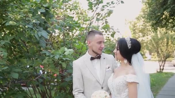 Newlyweds hug and enjoy each other on their wedding day. — Stock Video