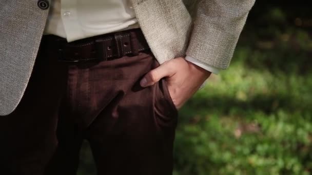 Sehr solider Geschäftsmann hält seine Hand in der Tasche. — Stockvideo