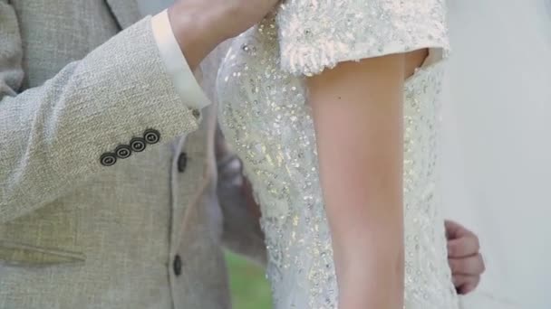 Newlyweds knuffelen en geniet van elkaar op hun trouwdag. — Stockvideo