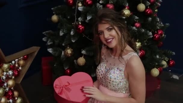 Very beautiful girl holding a New Years gift in her hands. — Stock Video