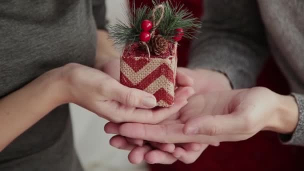 Fille enceinte et son mari sur un lit dans le style Nouvel An tenant un jouet de Noël, Noël 2019 . — Video