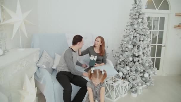 Üç kanepede oturan ve yeni yıl arifesinde Noel 2019 konuşurken bir aile. — Stok video