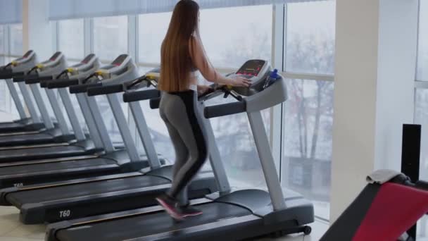 Velmi krásná žena cvičení na běžeckém pásu v posilovně. — Stock video