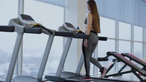 Mycket vacker kvinna utövar på löpbandet i gymmet. — Stockvideo