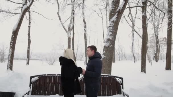 Beautiful young couple holding hands talking and smiling in a city winter park. — Stock videók