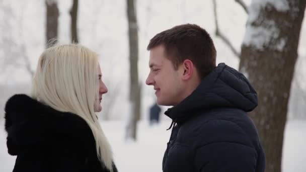 Hermosa pareja joven cogida de la mano hablando y sonriendo en un parque de invierno de la ciudad . — Vídeos de Stock