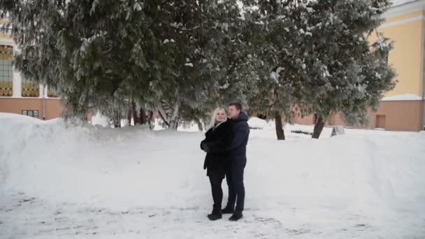 Piękna Młoda para przytulanie i mówienie w miejskim parku zimowym. — Wideo stockowe