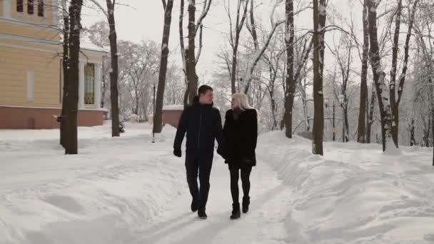 Schönes junges Paar, das Händchen haltend im Park spaziert. — Stockvideo