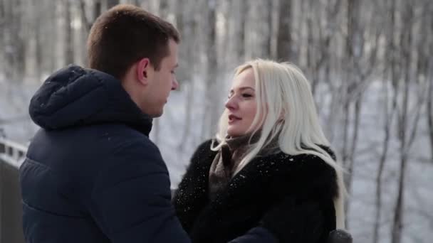 Bonito casal jovem abraçando e falando em um parque de inverno da cidade . — Vídeo de Stock