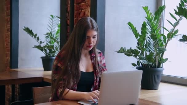 Seorang pengusaha cantik duduk di meja dengan laptop di kafe dan bekerja . — Stok Video