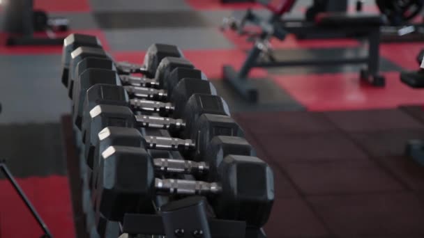 Eğitim Için Spor Salonunda Dumbbells Rafları Üzerinden Alarak Yakışıklı Atletik — Stok video