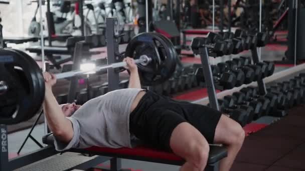 Bel homme athlétique effectue banc presse sur le banc dans la salle de gym . — Video