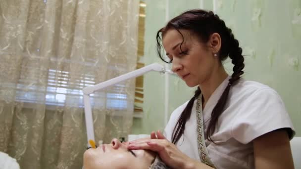 Spa donna massaggio facciale. Massaggio viso nel salone di bellezza termale. Femmina godendo rilassante massaggio viso in cosmetologia centro termale. Cura del corpo, cura della pelle, benessere, trattamento di bellezza . — Video Stock