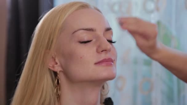 Makeupartist förbereder ansiktet av en vacker kvinna innan du applicerar makeup. — Stockvideo