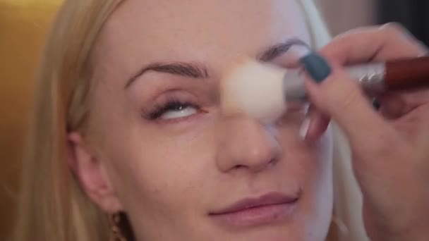 Make-up-Artist macht aus schöner Frau professionelles Make-up. — Stockvideo