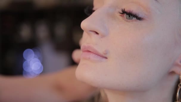 Make-up-Artist macht aus schöner Frau professionelles Make-up. — Stockvideo