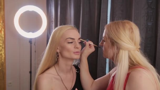 Professionell makeupartist gör makeup en mycket vacker kvinna. — Stockvideo