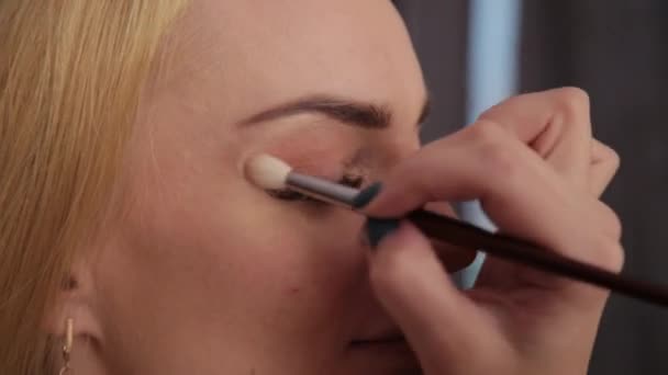 Professional makeup artist makes makeup a very beautiful woman. — Stock Video