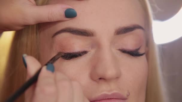 Professionele Visagist maakt make-up een heel mooie vrouw. — Stockvideo