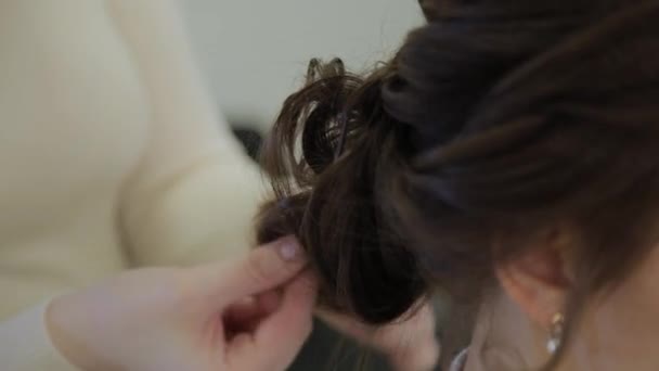 Una joven se sienta en un sillón de peluquero: una peluquera peina. Una joven mujer de pelo rubio vino al salón de belleza para hacer un peinado elegante. . — Vídeos de Stock
