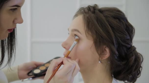 Professionell makeupartist gör makeup en mycket vacker kvinna. — Stockvideo