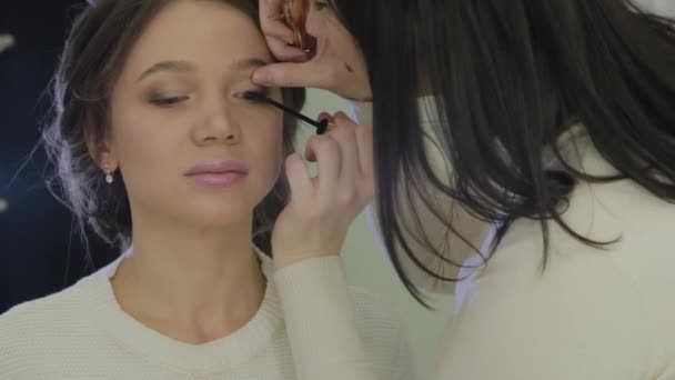 Artista de maquiagem profissional faz maquiagem uma mulher muito bonita . — Vídeo de Stock