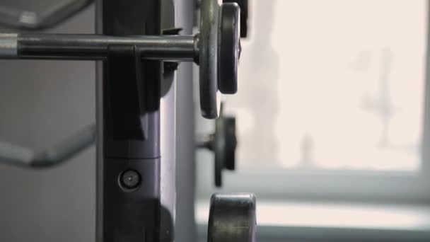 Set, eğitim, farklı sizen dumbbells bir raf yakın çekim. — Stok video