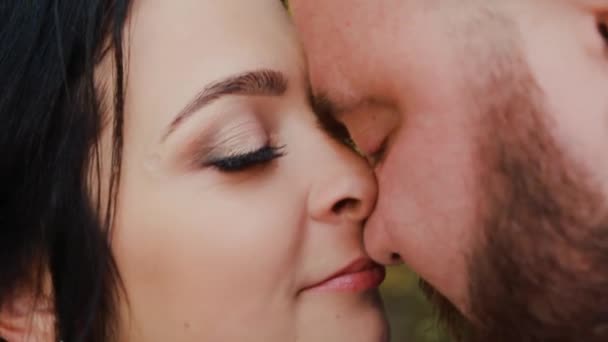 Feliz recém-casados andando, abraçando, beijando no parque . — Vídeo de Stock