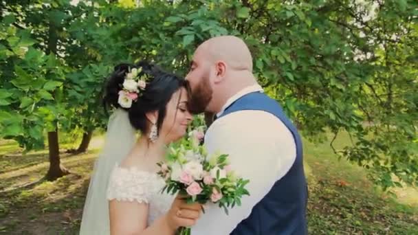 Felices recién casados caminando, abrazándose, besándose en el parque . — Vídeos de Stock