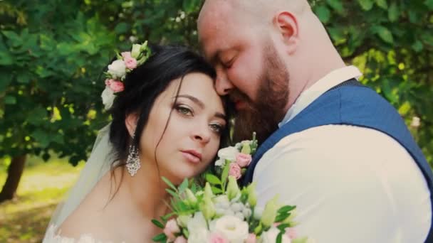 Feliz recém-casados andando, abraçando, beijando no parque . — Vídeo de Stock