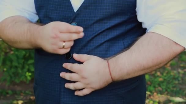 Groom gras barbu dans le parc par une journée ensoleillée . — Video